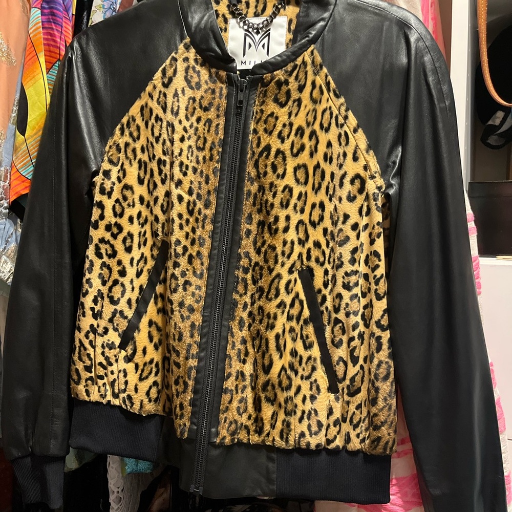 Milly Leather & Faux Fur Bomber Jacket Small
